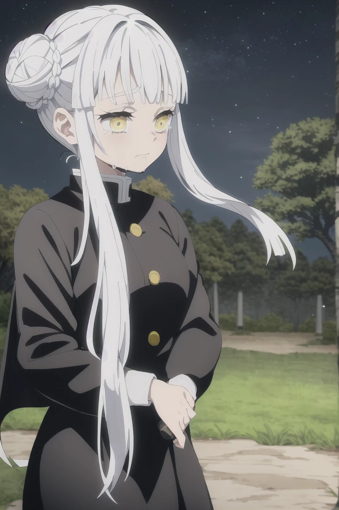 kimetsu no yaiba style, 1girl, white hair in a bun, demon slayer uniform, solo, yellow eyes,holding a katana ,white hair, all black cape, all black haori, outdoors, bangs, tree,, anime coloring,  ((masterpiece)) ,  night background , beautiful girl, cute, solo , crying face , ((high quality)) , standing solo