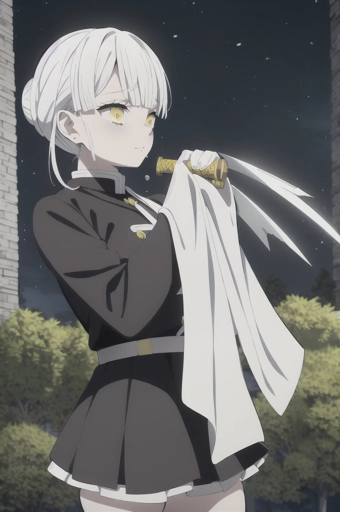 kimetsu no yaiba style, 1girl, white hair in a bun, demon slayer uniform, solo, yellow eyes,holding a katana ,white hair, all black cape, all black haori, outdoors, bangs, tree,, anime coloring, ((masterpiece)) , night background , beautiful girl, cute, solo , crying face , ((high quality)) , standing solo