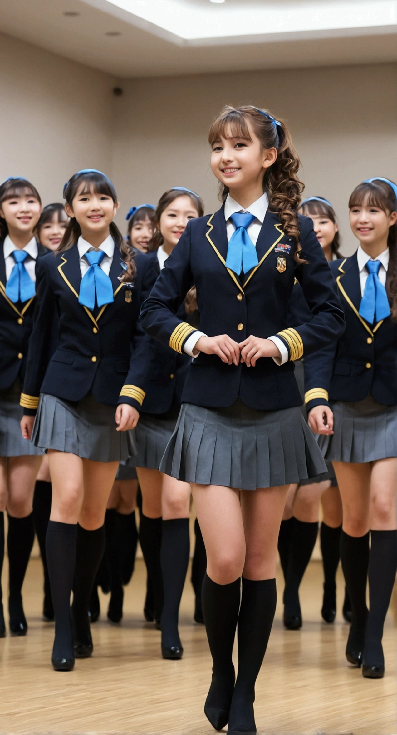 masterpiece, Highest quality, High resolution, 10+girl, crowd, An orderly line of sisters, An orderly line of sisters, Sisters in a row, uniform, Matching outfits, Long Hair, Curly Hair, ponytail, Matching hairstyle, Hazel Eyes, Brown Hair, Black tie, Blue Ribbon, Brown Skirt, salute, smile, indoor, Group shot, whole body, Panty shot, Black high heels、Everyone flips up their skirts