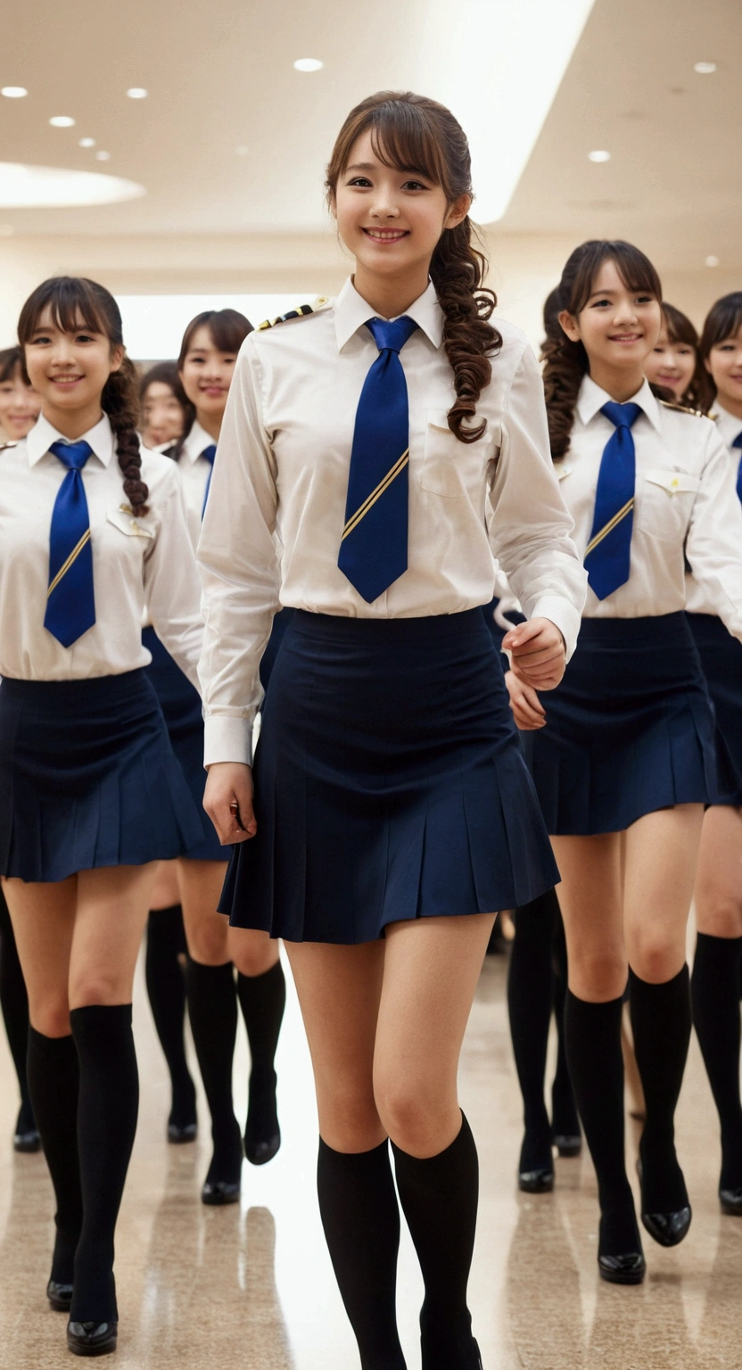 masterpiece, Highest quality, High resolution, 10+girl, crowd, An orderly line of sisters, An orderly line of sisters, Sisters in a row, uniform, Matching outfits, Long Hair, Curly Hair, ponytail, Matching hairstyle, Hazel Eyes, Brown Hair, Black tie, Blue Ribbon, Brown Skirt, salute, smile, indoor, Group shot, whole body, Panty shot, Black high heels、Everyone flips up their skirts