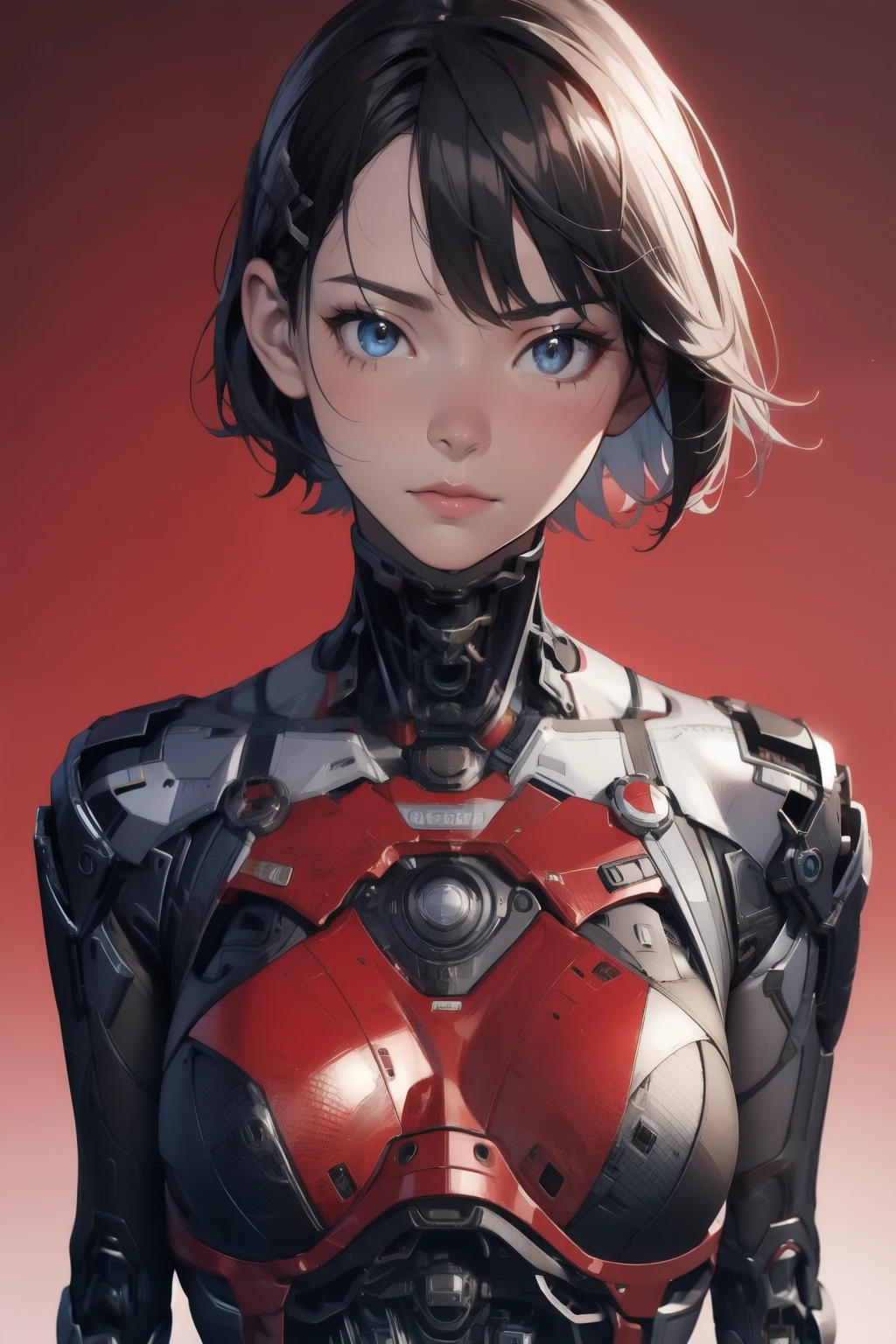 1 girl,solo,Medium breast,Upper Body、Close-up of face,ruanyi0152,(Red background),ruanyi0238,cable,Mechanical Parts,Skeleton,spine,X-ray,Black Hair,short hair,whole body,Best Quality、masterpiece、High Resolution、Official Art、Highly Detailed CG Unity 8K Wallpapers、