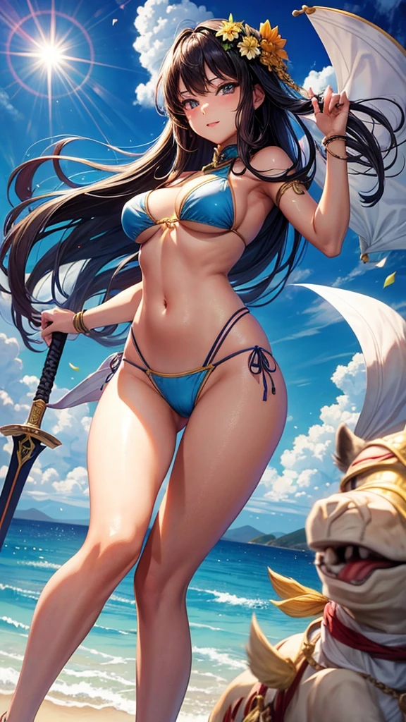 Beautiful Asian girl, 18 years old, light bikini knight girls, sexy lady, medium breasts, camel toe, long sword,