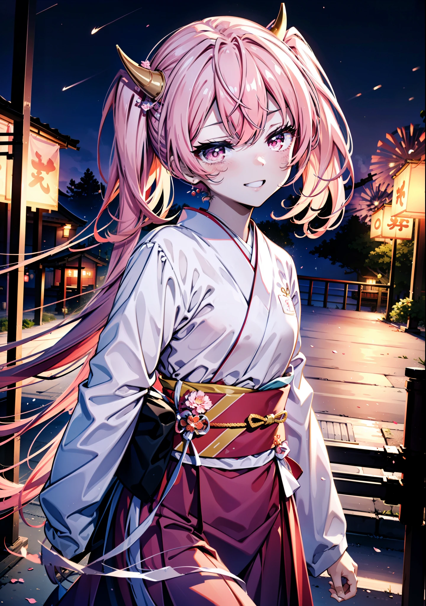 Aria h kanzaki,horn,Pink Hair,Long Hair,low 　Twin tails,Red eyes,happy smile, smile, Open your mouth,pink kimono,Thick sleeves,Long skirt,日本のfestival,夏festivalの屋台,Red Lantern,night,night空のfirework,firework,場所はfirework大会,時間はnightです,sunny day,turn around,as if,walk,　　　　　　　　　　　　　　　  　　　　　break looking at viewer, Upper Body, (Cowboy Shot:1. 5),  　　　　　
break outdoors, festival,shrine,
break (masterpiece:1.2), Highest quality, High resolution, unity 8k wallpaper, (shape:0.8), (Beautiful attention to detail:1.6), Highly detailed face, Perfect lighting, Highly detailed CG, (Perfect hands, Perfect Anatomy),