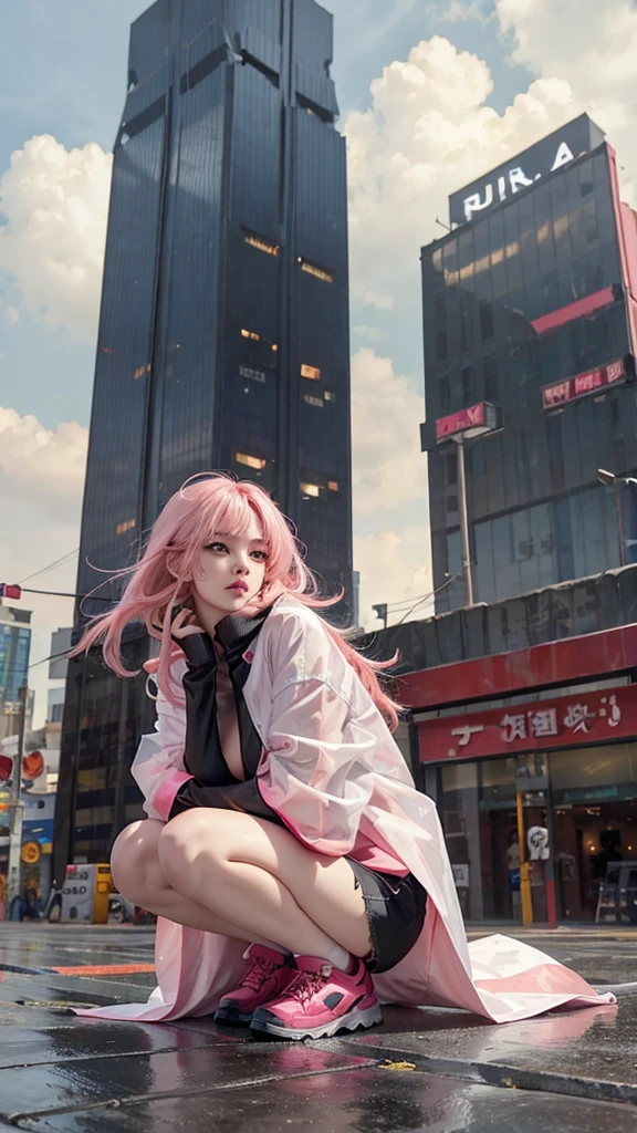 Image colors red and black, crouched pose in the middle of a towering city, angle from below ,cyberpunk, costumes are also cyberpunk, rain  Beautiful woman, 20yo,ultra cute ,large pale red eyes, medium length windswept platinum colored hair with pink hair ends, high nose, peach lips,clear white skin,Large size raincoat, shorts,