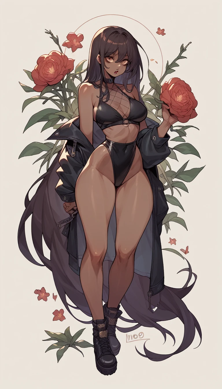 Noir (NOD) wearing a black swimsuit full body goth skin black wearing a blouse with a flower in the mouth