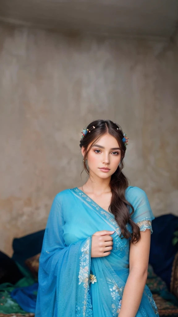 A beautiful girl with long flowing hair, detailed intricate floral crown, delicate features, piercing eyes, lush garden backdrop, vibrant colorful flowers, natural lighting, detailed skin, soft focus, dreamy atmosphere, elegant pose, serene expression, photorealistic, high quality, 8k, masterpiece, cinematic, fantasy art