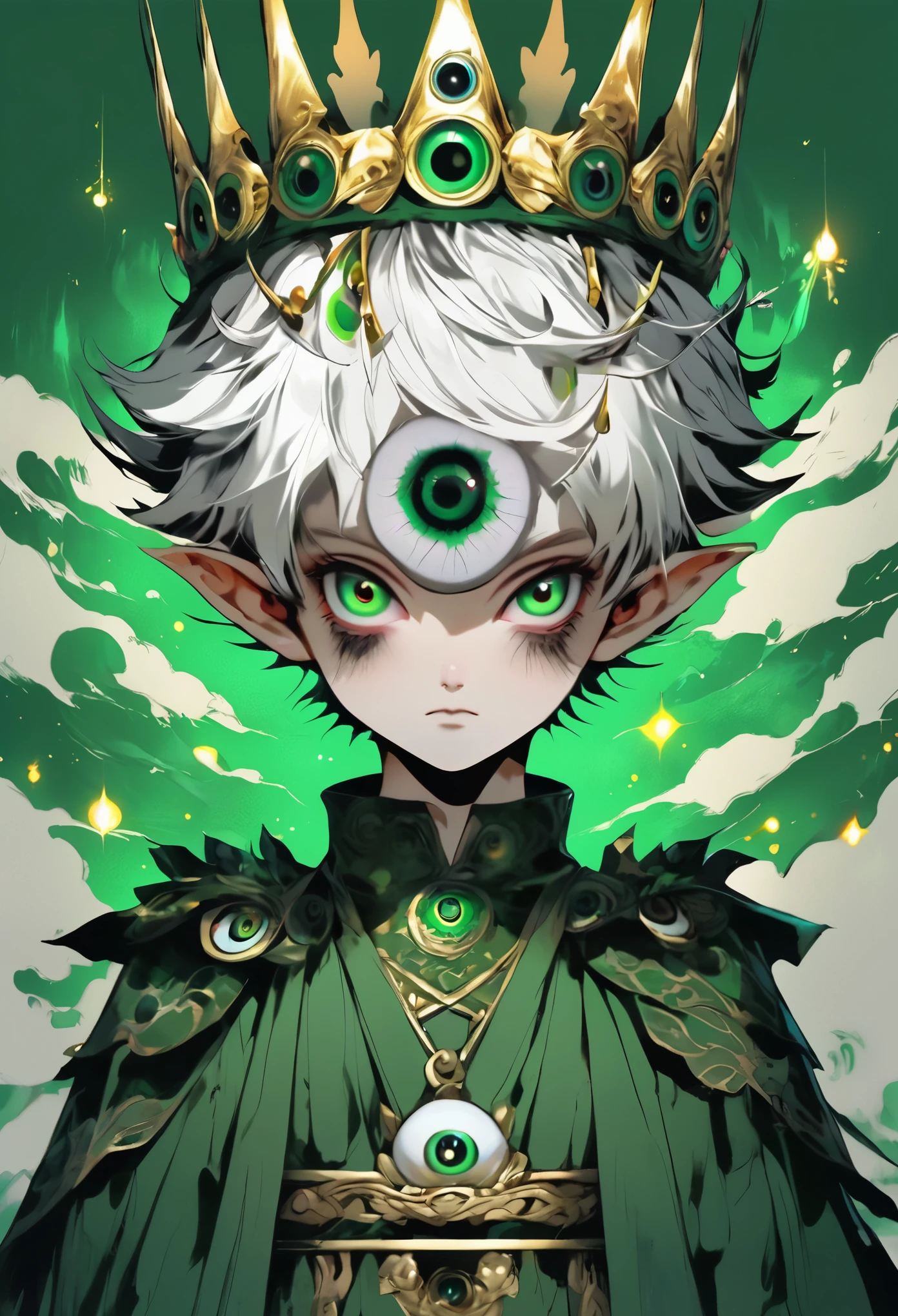 Japanese Anime，Second Dimension，Horror style，horror character，(((Three-eyed boy，独奏，third eye on the forehead，Dark eyeshadow，White short hair，Elf ears，Exaggerated golden crown-eyeball decoration))),(((Wrapped in bandages))).(((Thin waist，Green belt：1.6))).