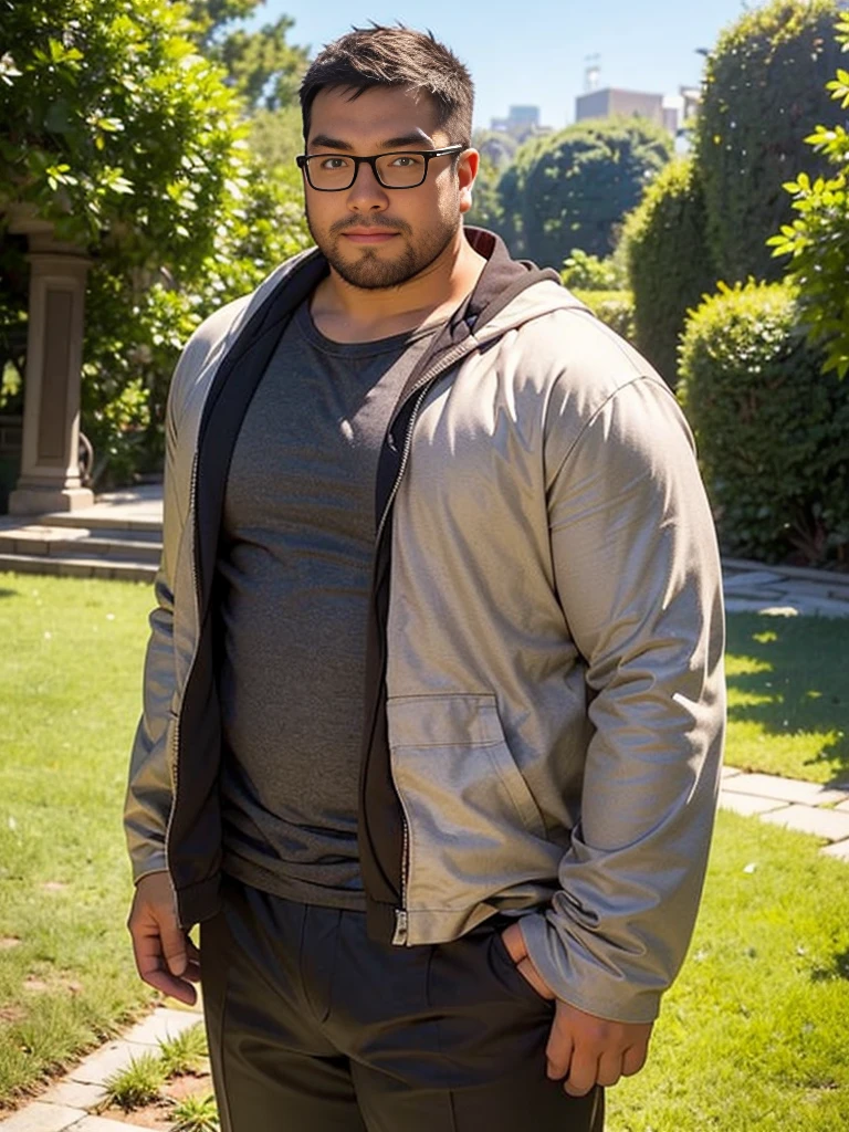 crew cut, (((full body))), (((landscape))), mature man, [slightly fat], asian man, rounded face, brown eyes, ((rounded face)), glasses, balding, 1boy, Solo, (big shoulders), (((stubbles, Short beard))), hd, fantasy background, wizard