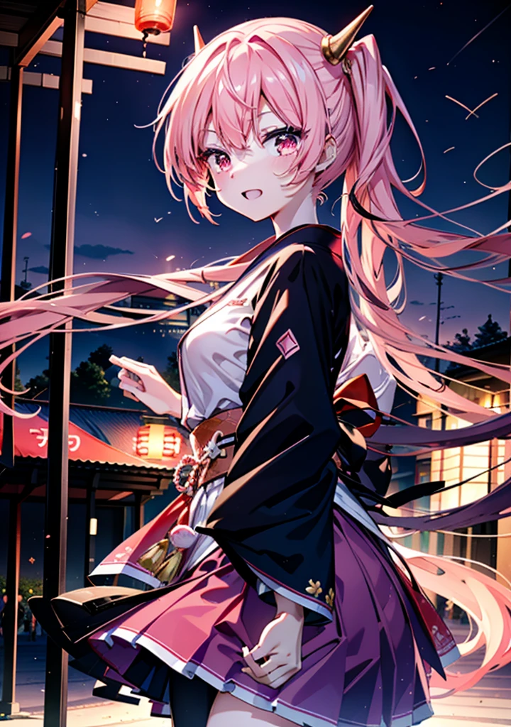 Aria h kanzaki,horn,Pink Hair,Long Hair,low Twin tails,Red eyes,happy smile, smile, Open your mouth,pink kimono,Thick sleeves,Long skirt,日本のfestival,夏festivalの屋台,Red Lantern,night,night空のfirework,firework,場所はfirework大会,時間はnightです,sunny day,turn around,as if,walk, break looking at viewer, Upper Body, (Cowboy Shot:1. 5),
break outdoors, festival,shrine,
break (masterpiece:1.2), Highest quality, High resolution, unity 8k wallpaper, (shape:0.8), (Beautiful attention to detail:1.6), Highly detailed face, Perfect lighting, Highly detailed CG, (Perfect hands, Perfect Anatomy),