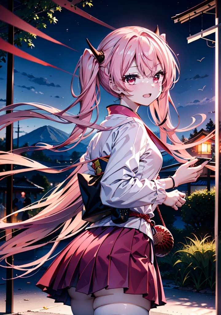 Aria h kanzaki,horn,Pink Hair,Long Hair,low Twin tails,Red eyes,happy smile, smile, Open your mouth,pink kimono,Thick sleeves,Long skirt,日本のfestival,夏festivalの屋台,Red Lantern,night,night空のfirework,firework,場所はfirework大会,時間はnightです,sunny day,turn around,as if,walk, break looking at viewer, Upper Body, (Cowboy Shot:1. 5),
break outdoors, festival,shrine,
break (masterpiece:1.2), Highest quality, High resolution, unity 8k wallpaper, (shape:0.8), (Beautiful attention to detail:1.6), Highly detailed face, Perfect lighting, Highly detailed CG, (Perfect hands, Perfect Anatomy),