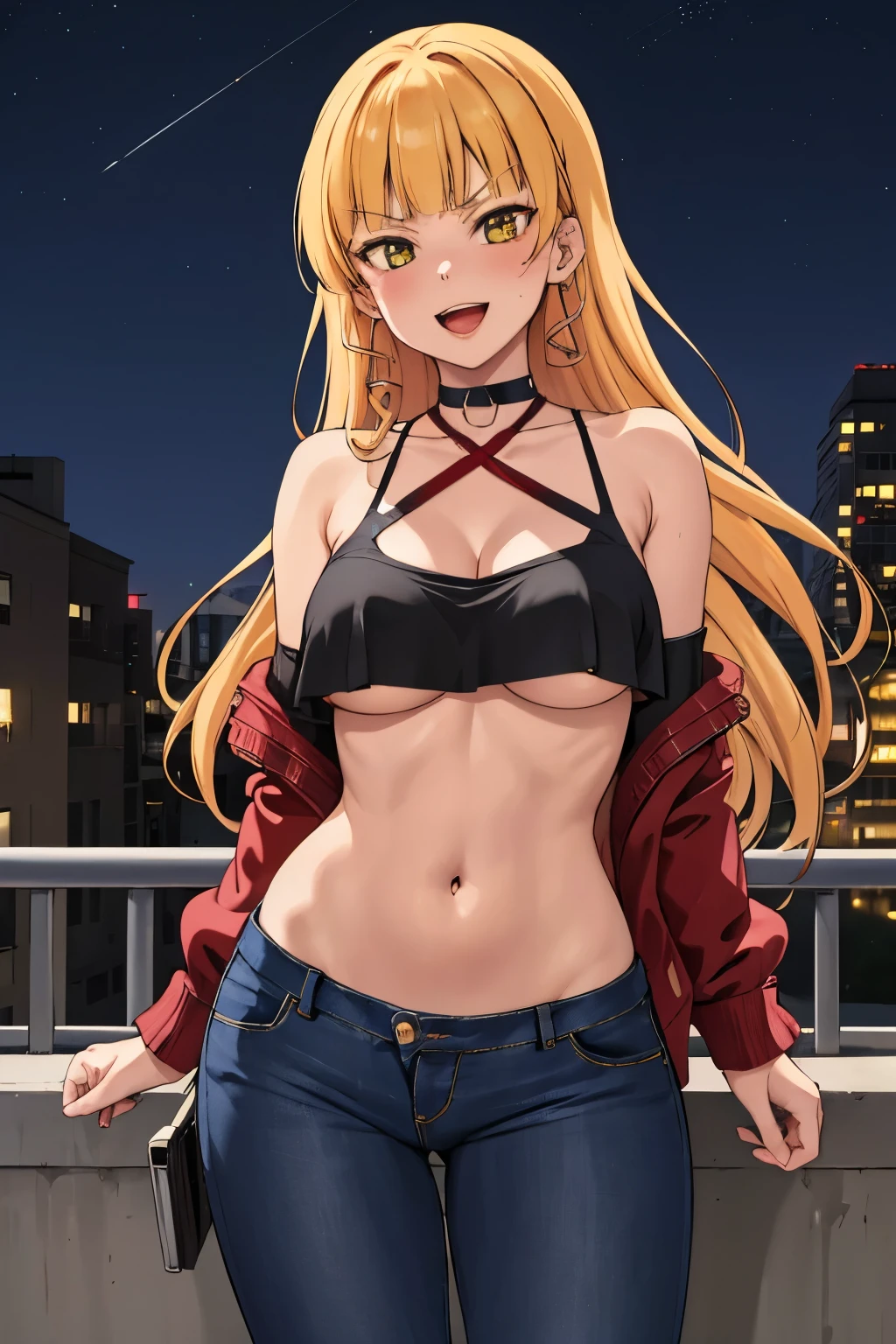 sumire1, long hair, red ribbon, neck ribbon, blunt bangs, smile, long hair, blush, lipstick, Hot girl, baddie, staring, glaring, bad attitude, mean girl, dare, angry, hate, crazy, smoking, sensual, attractive, outdoors, rooftop, cityscape, building, railing, night, night sky, scenery, moon, city lights,
jacket, masterpiece,high quality,4k, bare shoulder,belly,crop top,outdoor,cleavage,jeans,casual dress,street,road,smile, open mouth, (nsfw) not safe for work, holding a gun,handgun, evil expression, exposed belly, exposed navel, exposed midriff, exposed lower belly, crop top overhang, underboob, unbuttoned jeans , low rise black jeans, Low rise jeans, Low rise jeans with open fly, navel piercing