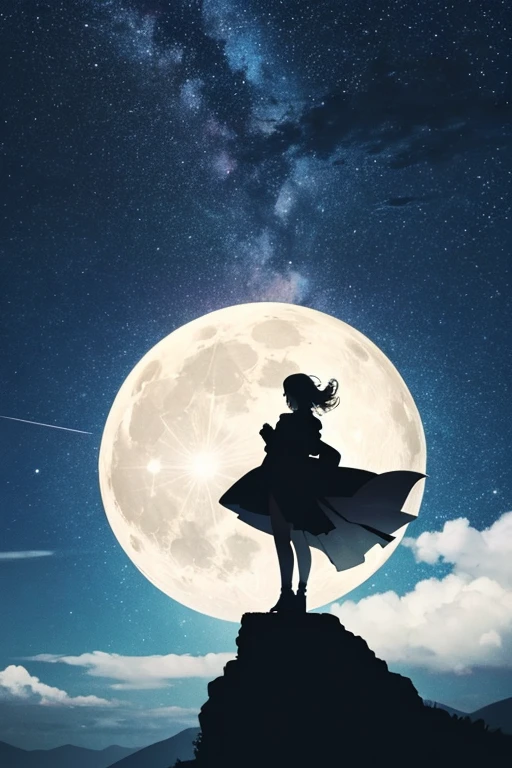 Highest quality,Big moon and shadow,A silhouette of a person can be seen against the backdrop of a large moon.,There is one full moon,There is a mood,Beautiful scenery,Starry Sky
