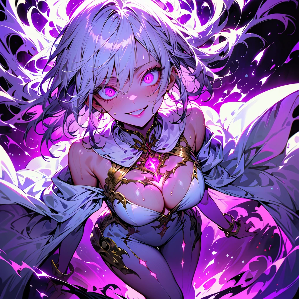 One young and beautiful woman,(Highest quality,Extremely detailed depiction,Incredibly absurd high resolution,Anatomically accurate depiction,Perfect body,Two curvaceous legs),(A fantastic goddess in a mysterious costume),(Gorgeous white outfit),eyelash,eye shadow,eyeliner,mascara,Flashy makeup,(Intensely glowing purple eyes,(Crazy Eyes),Glossy Lips,Wicked Smile,There is cleavage in the chest,whole body),Sweat,background:Temple of the Night,Purple light