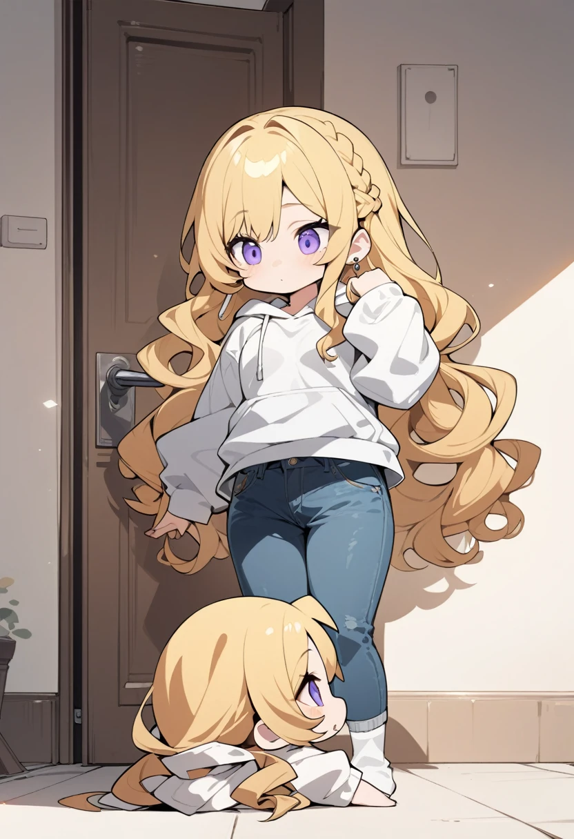 masterpiece, best quality, very aesthetic, absurdres, flat anime, 2D, anime taste, anime paint, (2d illustration:1.2), ((chibi)), deformation,
1girl, blonde hair, (semi-long hair:1.2), curly hair, french braid, medium breasts, tsurime, purple eyes,
white hooded sweatshirt, jeans, earring,bracelet, long sleeves,socks,
earring,bracelet,
Door is closed tightly,
upper body, looking away, looking at another,dynamic,
simple background