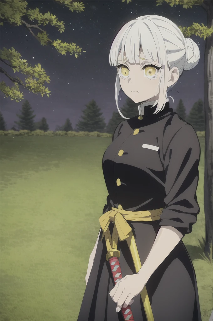 kimetsu no yaiba style, 1girl, white hair in a bun, demon slayer uniform, solo, yellow eyes,holding a katana ,white hair, all black cape, all black haori, outdoors, bangs, tree,, anime coloring, ((masterpiece)) , night background , beautiful girl, cute, solo , crying face , ((high quality)) , standing solo