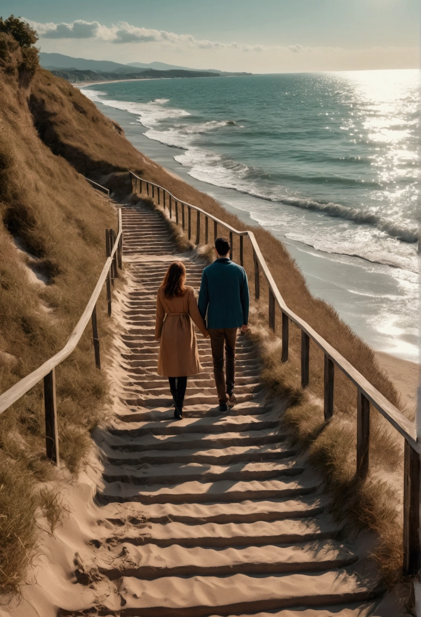 A couple walk along the sea beach, full body, movie style, love scene,  Adobe lightroom, resemble the series Stairway to heaven , love scene, happily , embrace each other, 8k quality, photo realistic , high resolution, 