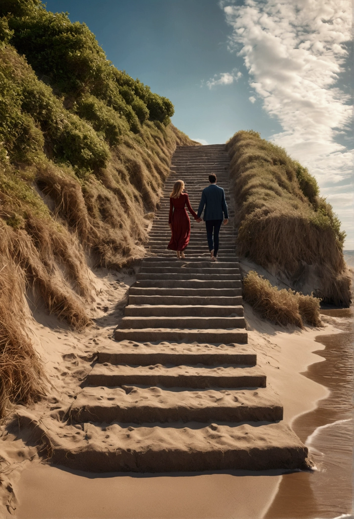 A couple walk along the sea beach, full body, movie style, love scene, Adobe lightroom, resemble the series Stairway to heaven , love scene, happily , embrace each other, 8k quality, photo realistic , high resolution,