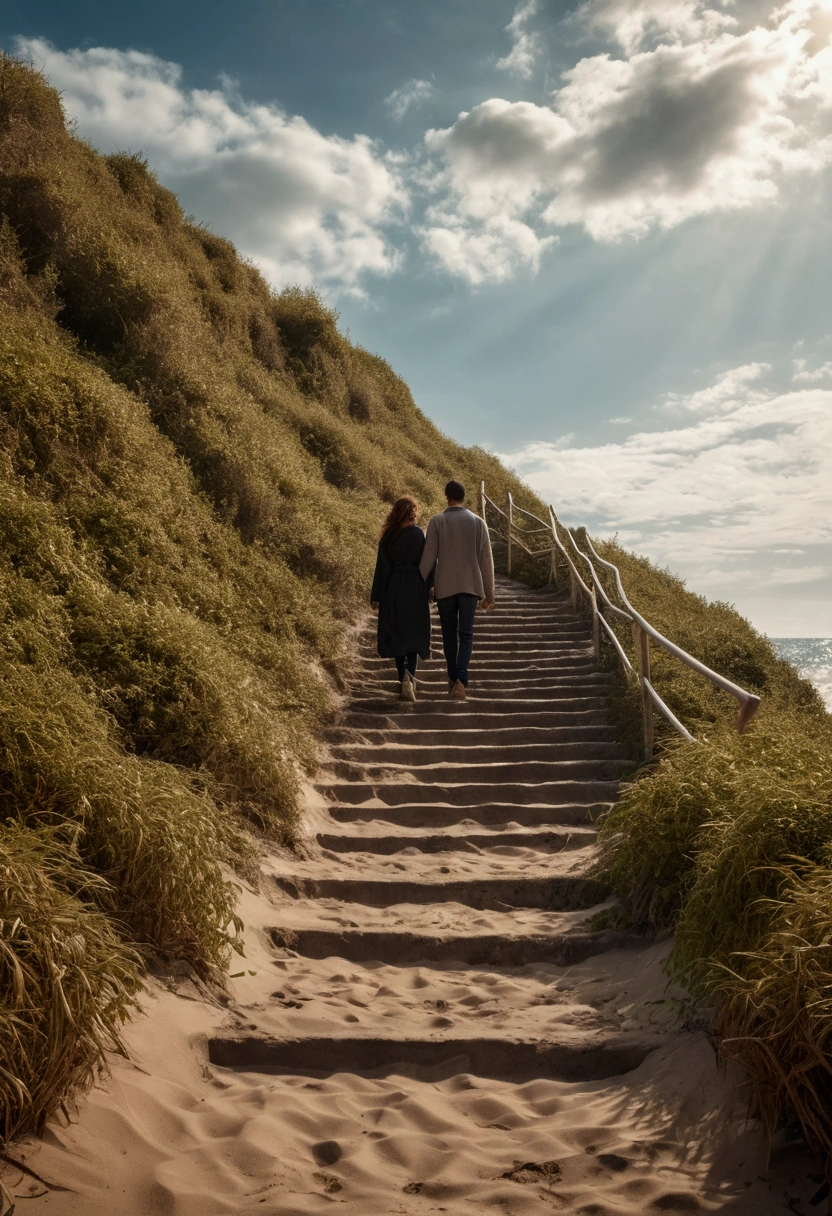 A couple walk along the sea beach, full body, movie style, love scene, Adobe lightroom, resemble the series Stairway to heaven , love scene, happily , embrace each other, 8k quality, photo realistic , high resolution,
