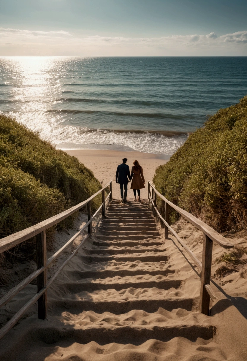 A couple walk along the sea beach, full body, movie style, love scene,  Adobe lightroom, resemble the series Stairway to heaven , love scene, happily , embrace each other, 8k quality, photo realistic , high resolution, 