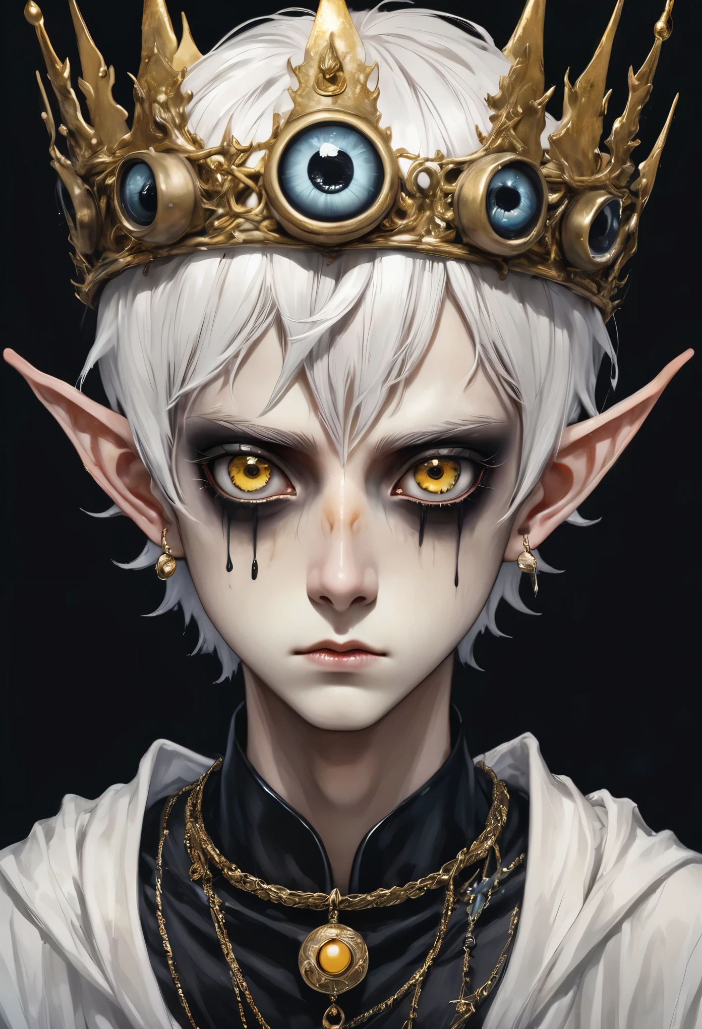 Japanese Anime,Second Dimension,Horror style,horror character,(((Three-eyed boy,独奏,third eye on the forehead,Dark eyeshadow,White short hair,Elf ears,Exaggerated golden crown-eyeball decoration))),(((Wrapped in bandages))).(((body movements:1.6,Break free,struggle))).(style of santiago caruso,Tattoo on the neck),Ink smudged black background blur