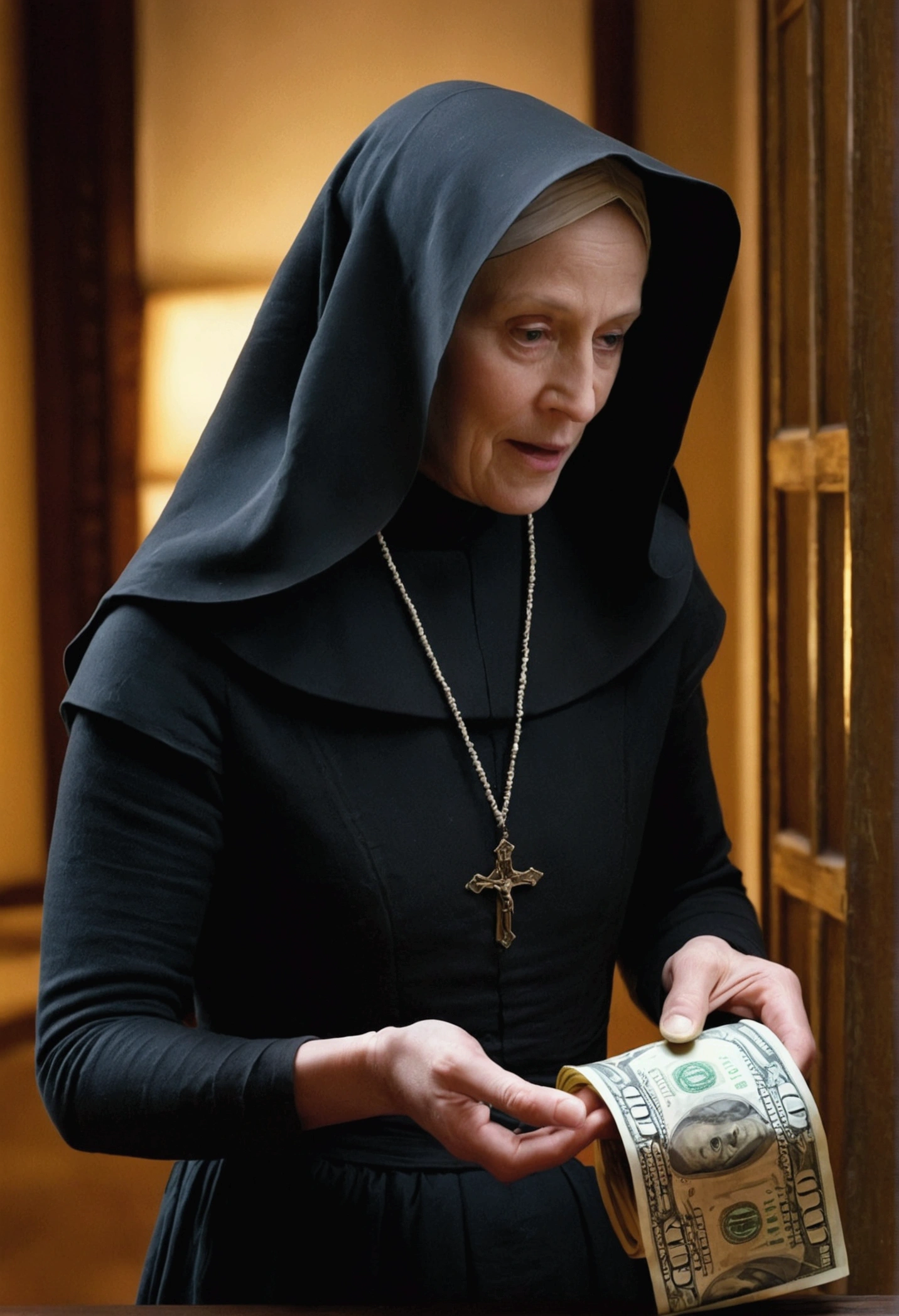 Mary unfolds the roll and finds money inside..