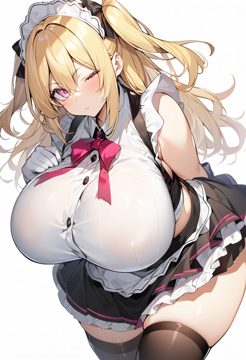 nsfw,(((semen))),bukkake,1 girl,pink maid outfit costume,gokkun,cum in mouth,cum on breast,cum on head,facial,from above,wariza,blond hair ,short twintails