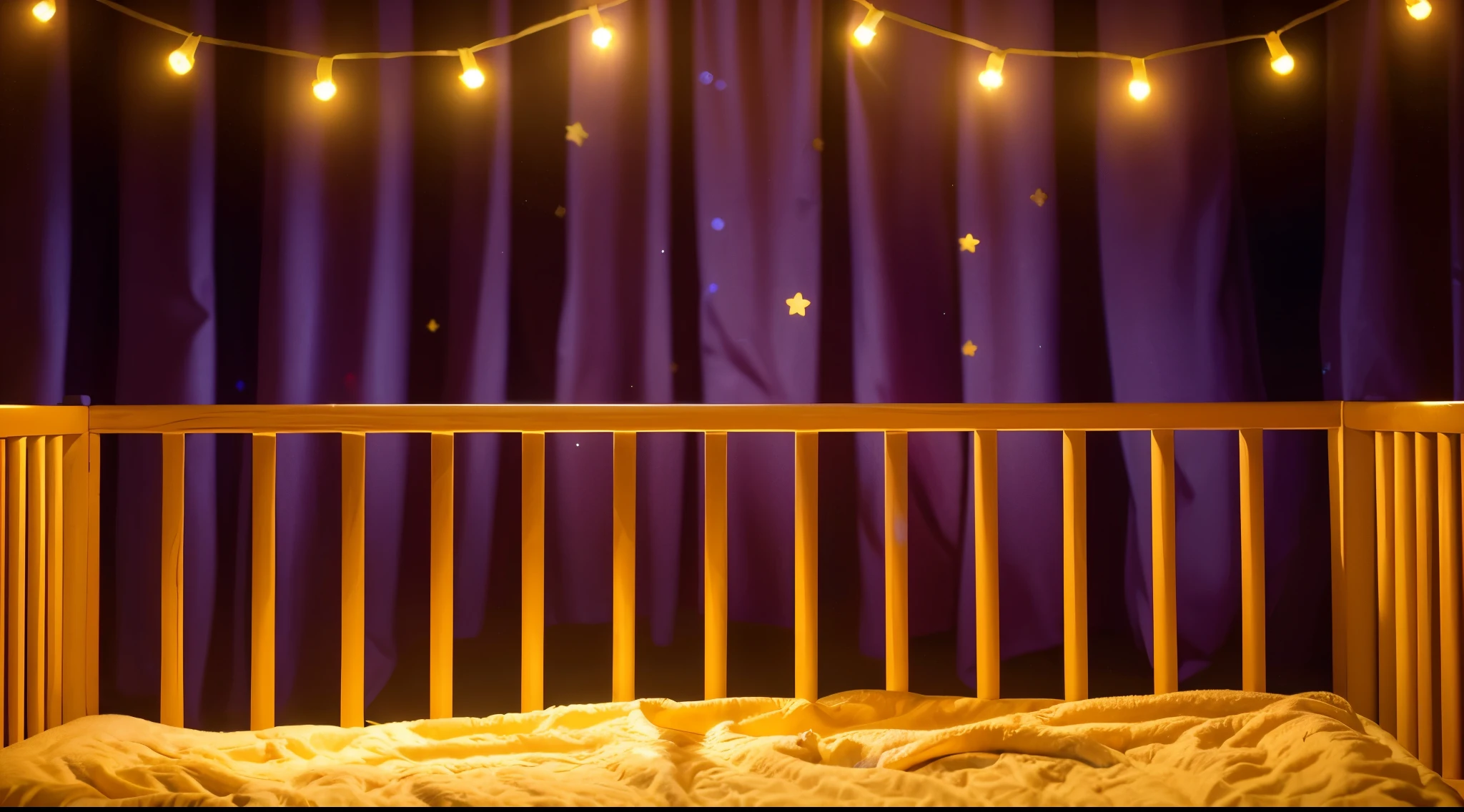 This image portrays a cozy and whimsical scene within a 's crib. The crib, with its warm orange and yellow wooden bars, stands against a vibrant backdrop of deep purple curtains adorned with stars. Strung across the top are charming yellow fairy lights, adding a magical and soothing ambiance. The crib bedding is a plush golden blanket, inviting and soft, suggesting a comfortable and secure resting place for a . This setting exudes a sense of warmth and safety, ideal for a childaginative and peaceful slumber. This image portrays a cozy and whimsical scene within a child's crhe crib, with its warm orange and yellow wooden bars, stands against a vibrant backdrop of deep purple curtains adorned with stars. Strung across the top are charming yellow fairy lights, adding a magical and soothing ambiance. The crib bedding is a plush golden blanket, inviting and soft, suggesting a comfortable and secure resting place for a . This setting exudes a sense of warmth and safety, ideal for a child's imaginaand peaceful slumber. аffects render, (glossy plastic texture with multiple big light probe refractions), perfect cgi, smooth silhouette, high intensity refraction, (super glossy plastic material), most beautiful vfx, , realistic, 4k, high resolution, rim light, smooth 3d model, multiple light sources, rim light, sharp post effects render,, realistic, 4k, high resolution, rim light detailed digital art, reflective, best quality, 4k, masterpiece:1.2, ultra-detailed, realistic, vivid colors, The image of the highest quality, ensuring every detail showcased perfectly. It in 4k resolution, allowing viewers to immerse themselves in the richness of the colors and intricate details. The realistic rendering. under the spotlight, reflecting, high-resolution image, realistic rendering