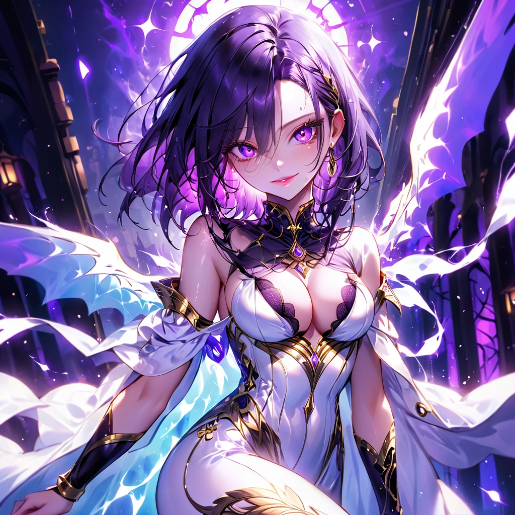 One young and beautiful woman,(Highest quality,Extremely detailed depiction,Incredibly absurd high resolution,Anatomically accurate depiction,Perfect body,Two curvaceous legs),(A fantastic goddess in a mysterious costume),(Gorgeous white outfit),eyelash,eye shadow,eyeliner,mascara,Flashy makeup,(Intensely glowing purple eyes,(Crazy Eyes),Glossy Lips,Wicked Smile,There is cleavage in the chest,wing,whole body),Sweat,background:Temple of the Night,Purple light