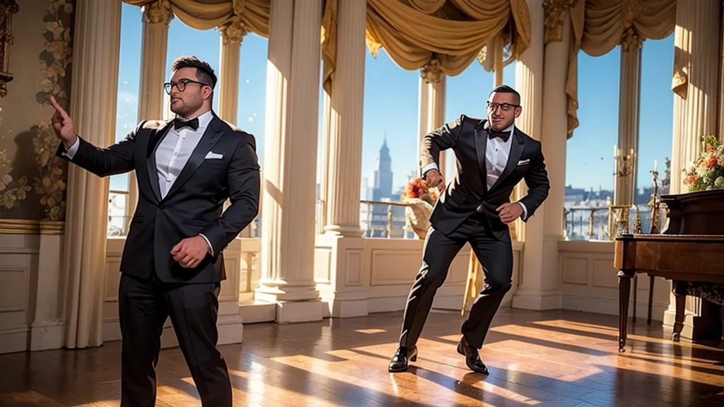 crew cut, (((full body))), (((landscape))), mature man, [slightly fat], asian man, rounded face, brown eyes, ((rounded face)), glasses, balding, 1boy, Solo, (big shoulders), (((stubbles, Short beard))), a man and woman dancing tango, art deco ballroom, 1920s, 1 man 1 woman, sexy tango dance pose, ballroom dancers, ornate art deco interior, detailed architectural features, chandelier, (best quality,4k,8k,highres,masterpiece:1.2),ultra-detailed,(realistic,photorealistic,photo-realistic:1.37),cinematic lighting, dramatic shadows, Outside the window is a balcony. a narrow french window with an arched top leads out to the balcony.,man facing forward, woman facing away from viewer, dancing the tango, woman is wearing a purple dress with slit, she has her right leg out to the side, (exposing her thigh:1.5), Outside is dark, small stars are shining in (the dark blue sky:1.3), (dimly lit room:1.2), and shadows are cast on the eye sockets, making it impossible to read their expressions, detailed facial features, beautiful dress, formal attire, natural lighting, warm color palette, 