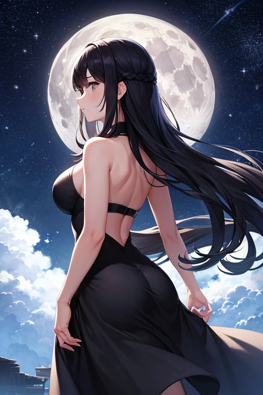 Highest quality,Big moon and shadow,A silhouette of a person can be seen against the backdrop of a large moon.,There is one full moon,There is a mood,Beautiful scenery,Starry Sky