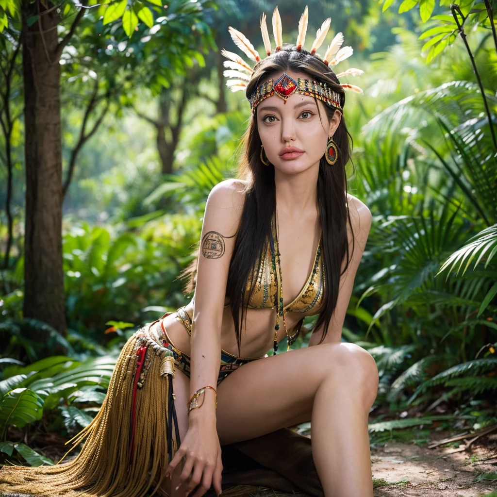 Angelina Jolie beautiful woman wearing a Native American dress sitting in the forest with her dogs, native American, Native American Warriors, Native American Warriors, American Indian headdress, Indian warrior, Head dress, Wearing a Native American choker, Native American Art, Indigenous, feather native American headgear, Central headdress, : Native American Shamen Fantasy, Native Rich Jewelry, Tribal clothing