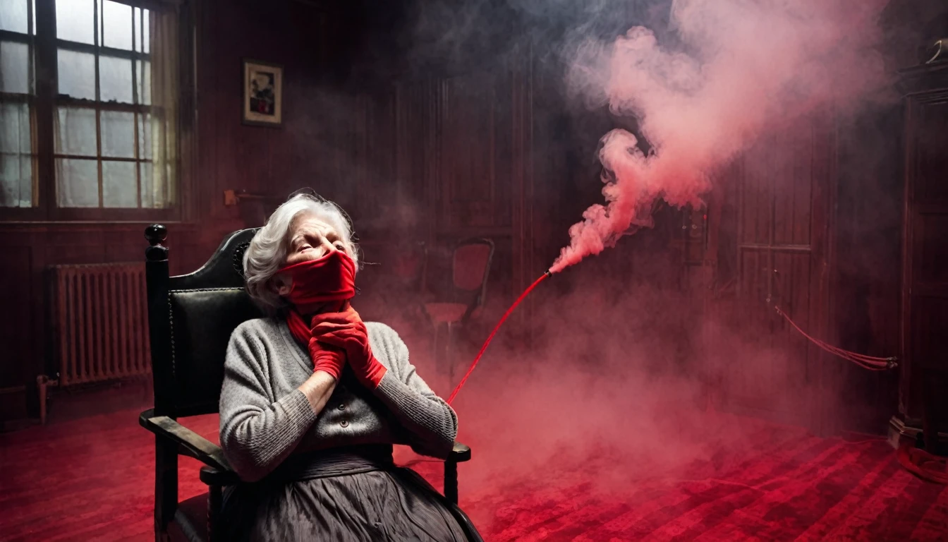 An old woman tied to a chair with her mouth gagged , evil dark room , with red smoke , 3 thiefs around