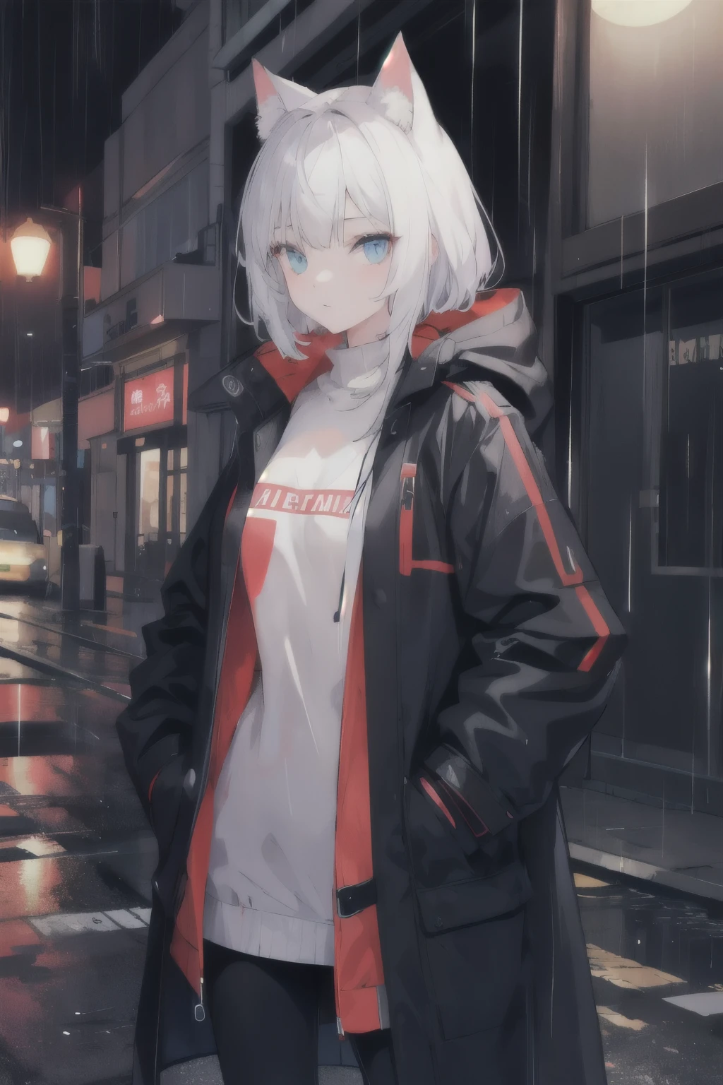 1girl,night city,rain,coat,hands in pockets,cat ear