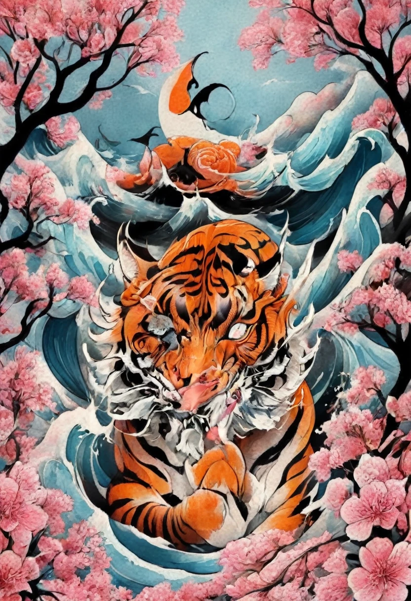 Traditional Japanese tattoo design, realistic tattoo art of Orange tiger with (((Blue eyes))) with pink sakura petal effect ,he is with open mouth looking very fierce and angry, the background is Japanese wave tattoo, (Unity 16K Wallpaper, masterpiece, Best Quality, high quality, Ultra-detailed, extremely details), a tattoo design, realistic tattoo art of Orange tiger with (((Blue eyes))) with pink sakura petal effect ,he is with open mouth looking very fierce and angry, the background is Japanese wave tattoo, upper arm tattoo,
