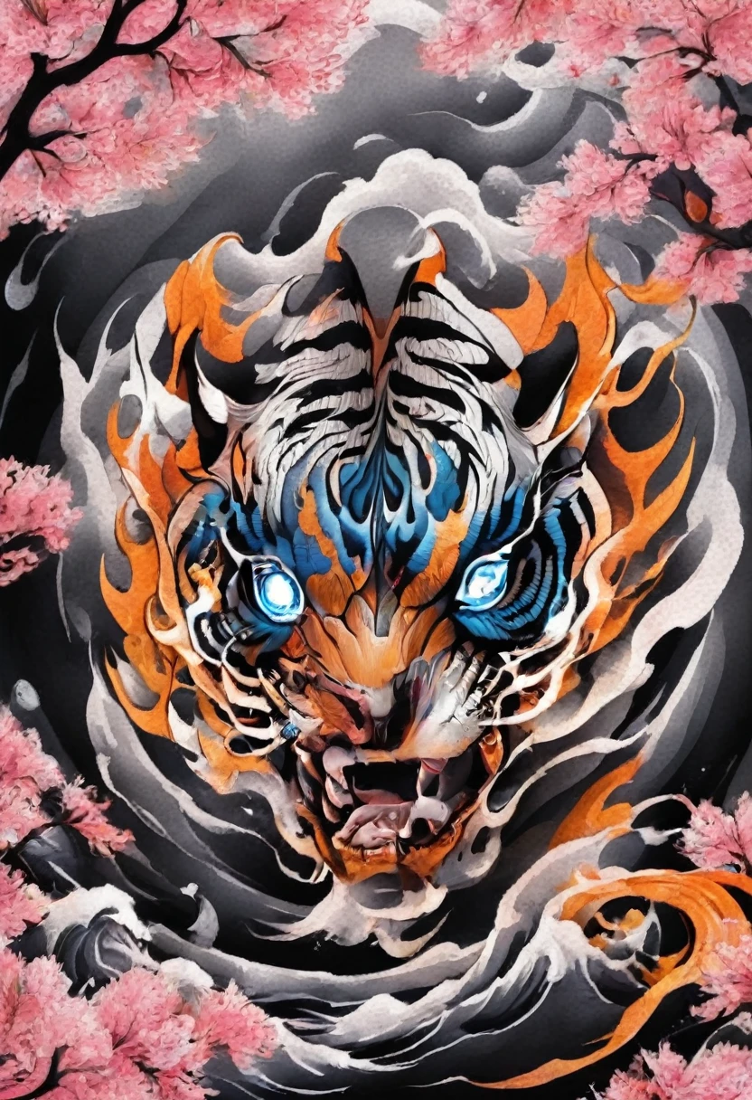 Traditional Japanese tattoo design, realistic tattoo art of Orange tiger with (((Blue eyes))) with pink sakura petal effect ,he is with open mouth looking very fierce and angry, the background is Japanese wave tattoo, (Unity 16K Wallpaper, masterpiece, Best Quality, high quality, Ultra-detailed, extremely details), a tattoo design, realistic tattoo art of Orange tiger with (((Blue eyes))) with pink sakura petal effect ,he is with open mouth looking very fierce and angry, the background is Japanese wave tattoo, upper arm tattoo,
