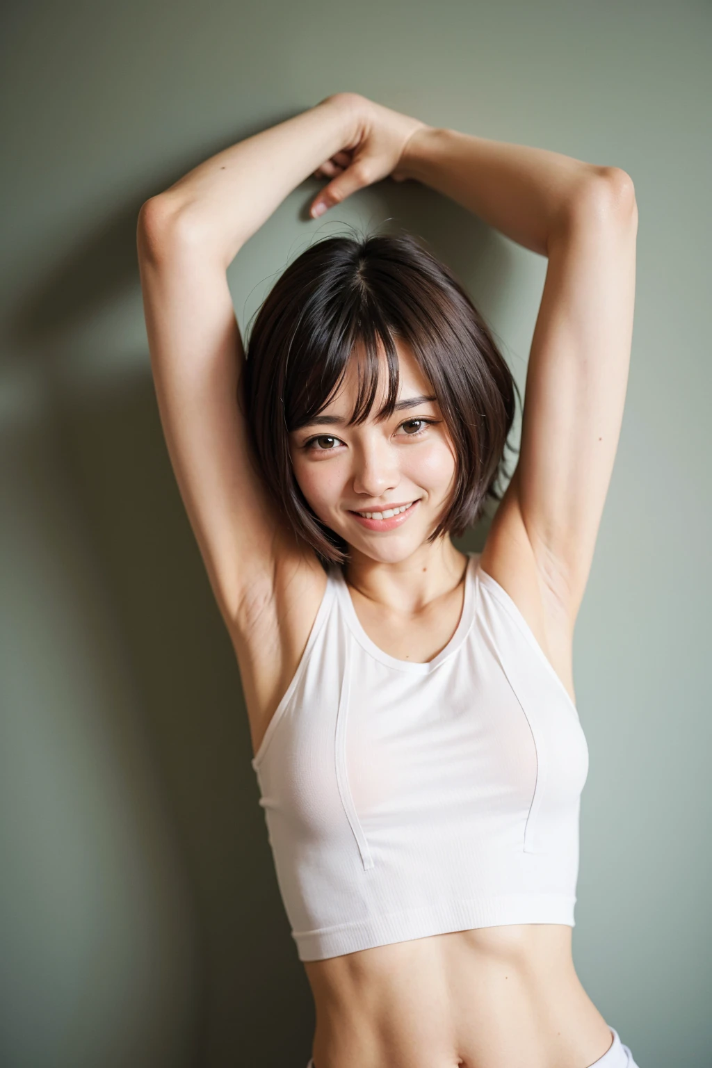 Top quality, 1 beautiful woman, super short Hair, shy-smile, Stretching