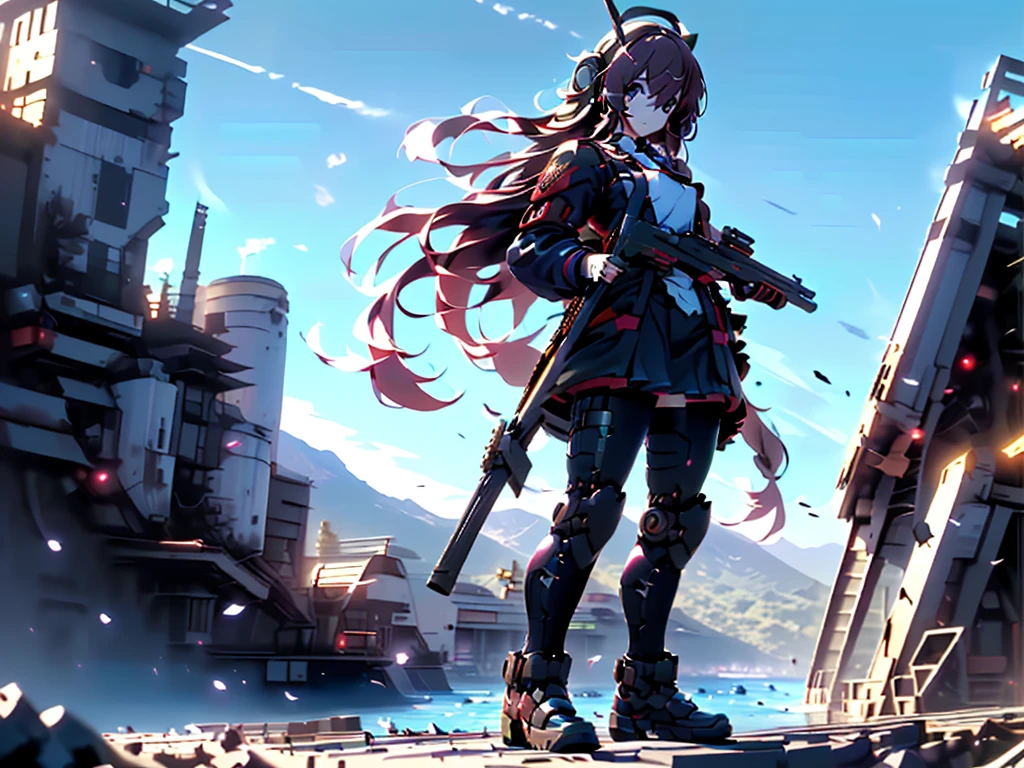 (((masterpiece, Vision))), ((((Full body of a woman with perfect flat chest、1 Female、solo、Short unkempt black hair、Tie your messy hair at the nape of your neck、white military jacket、Miko costume、black tights、Black glasses are black、White military cap、Cloudy black eyes、Confused eyes、Junyo-inspired emblem、Ship-style boots)))), (((Shipgirl))), ((Floating on the morning sea with both feet)), (Standing with your legs apart)), Aim, (Hold the shotgun turret grip with your right hand), (Four mechanical tentacles covered in white armor extend from its back.), (Holding a shotgun with metal tentacles), (Equipped with a bridge on the back), (His left arm holds the grip of a triple-barreled shotgun),