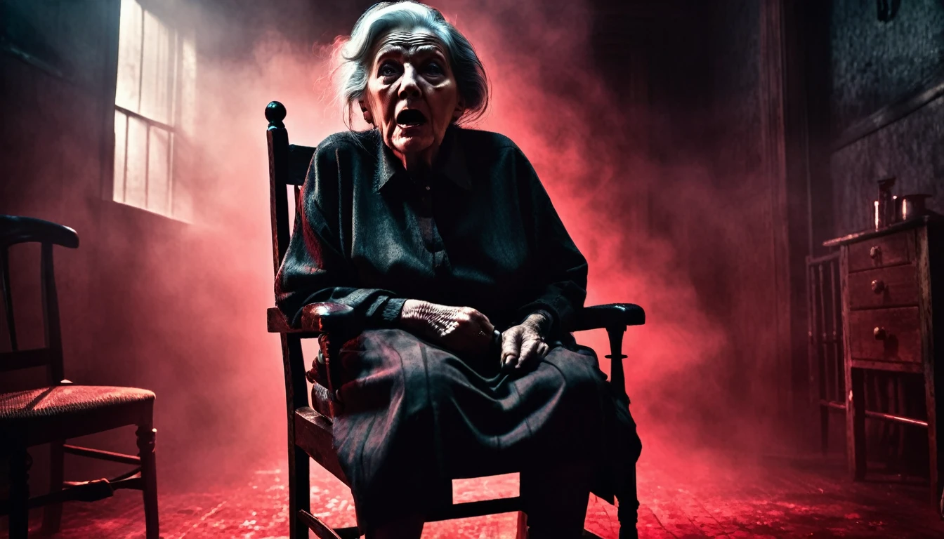 a terrified old woman tied to a chair, mouth gagged, in a dark evil room with red smoke, 3 sinister thieves surrounding her, dramatic lighting, dark gritty atmosphere, chiaroscuro, moody, cinematic, dark fantasy, horror, suspense, masterpiece, photorealistic, hyper detailed, 8k, award winning, dramatic shadows, moody lighting, dramatic angles, tense, unsettling, haunting, eerie, ominous, foreboding