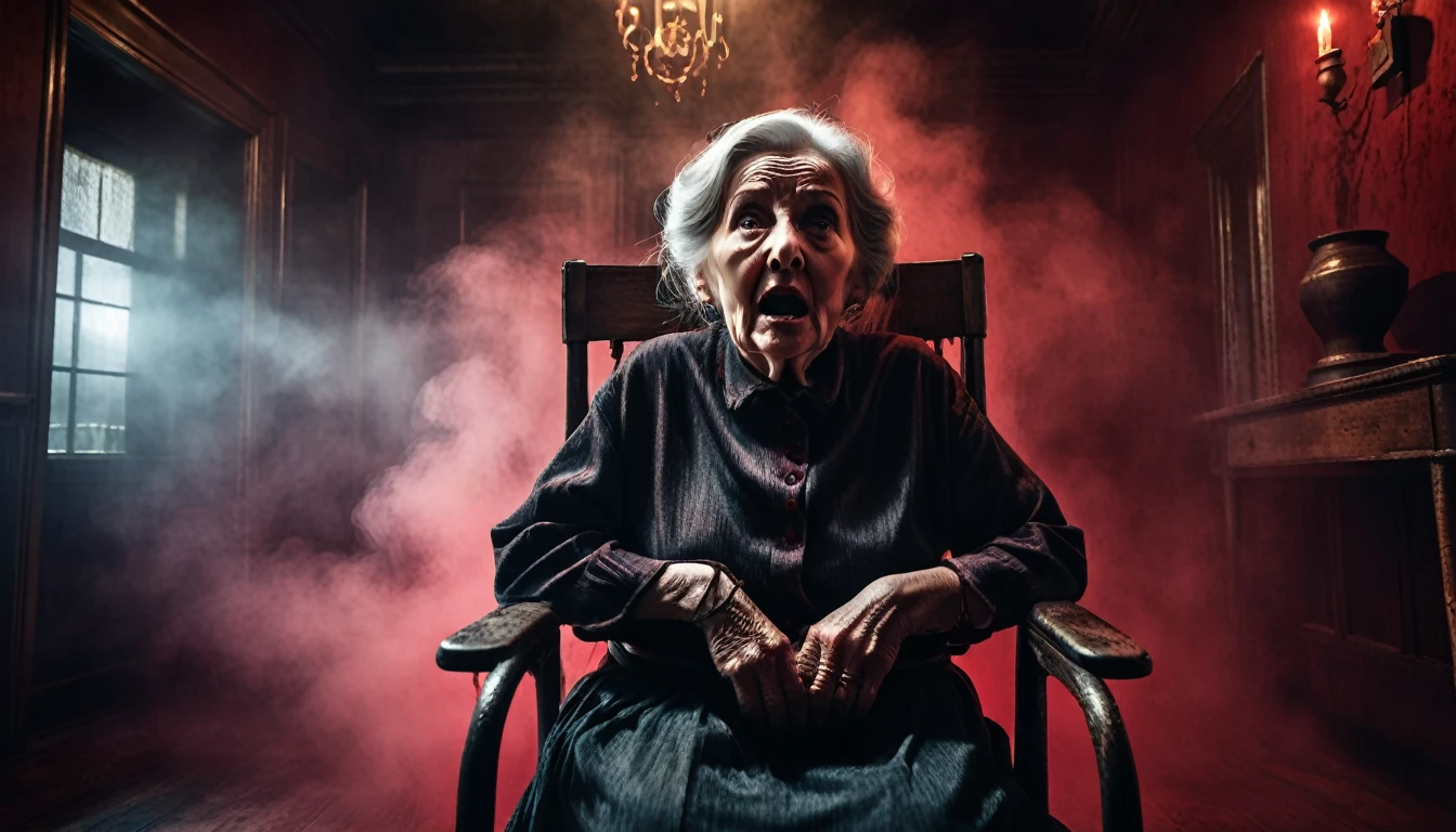 a terrified old woman tied to a chair, mouth gagged, in a dark evil room with red smoke, 3 sinister thieves surrounding her, dramatic lighting, dark gritty atmosphere, chiaroscuro, moody, cinematic, dark fantasy, horror, suspense, masterpiece, photorealistic, hyper detailed, 8k, award winning, dramatic shadows, moody lighting, dramatic angles, tense, unsettling, haunting, eerie, ominous, foreboding