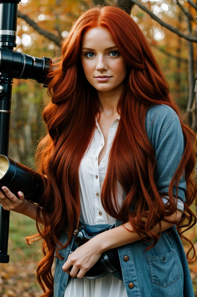 Long red haired woman holding a big canon