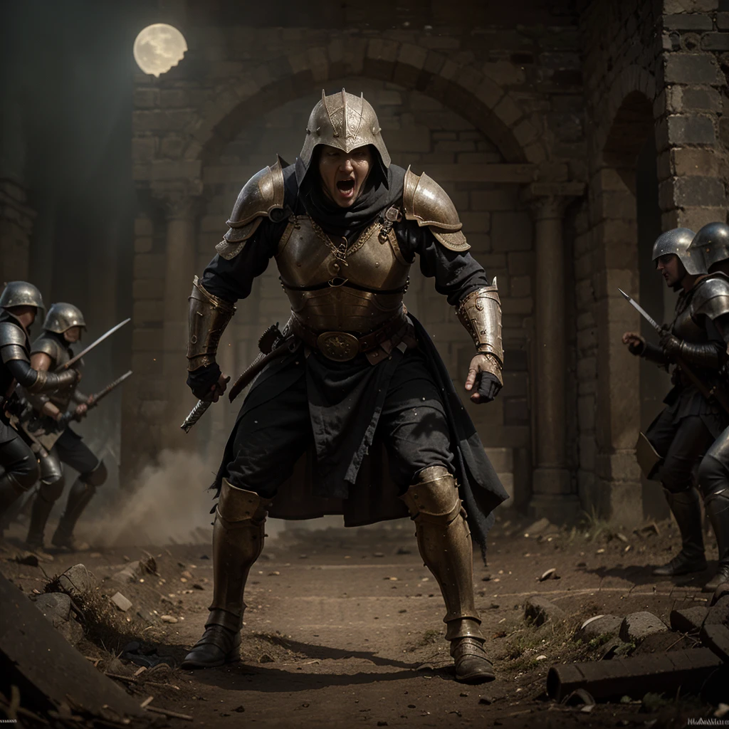 A medieval warrior fighting in the battlefield, dressed in black, work of malediction and death, The Great One of the Night of Time, stand up and shout. Realistic hands.
