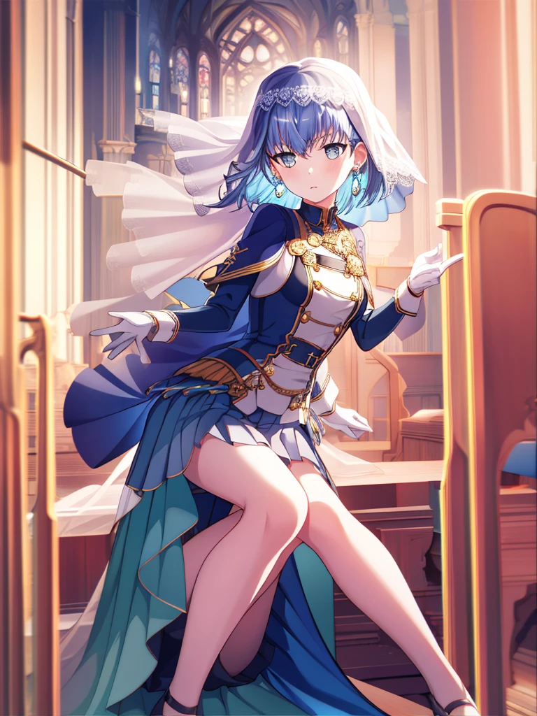 1 girl, ((whole body)), Medium breasts, Solitary, Gray eyes, sleeve, ((Blue Hair)), White gloves, Jewel-like, Looking at the audience, earrings, short hair, sit, Church Background, Knees up, Bangs, Pleated Skirt, cloak, ((veil)),