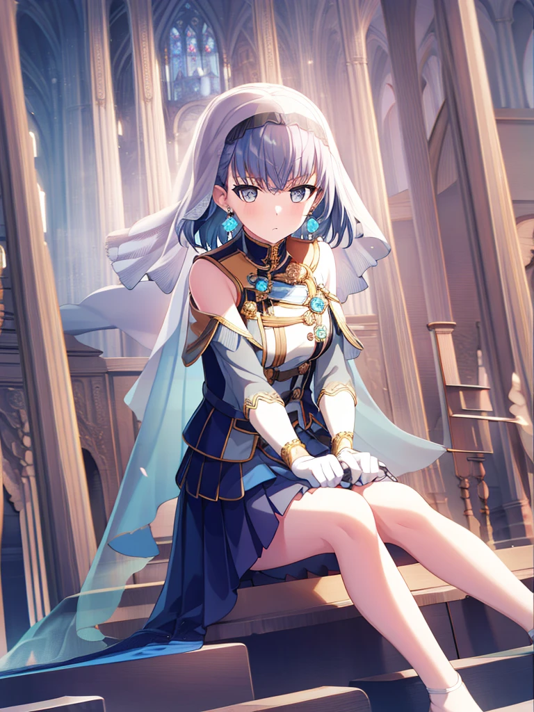 1 girl, ((whole body)), Medium breasts, Solitary, Gray eyes, sleeve, ((Blue Hair)), White gloves, Jewel-like, Looking at the audience, earrings, short hair, sit, Church Background, Knees up, Bangs, Pleated Skirt, cloak, ((veil)),