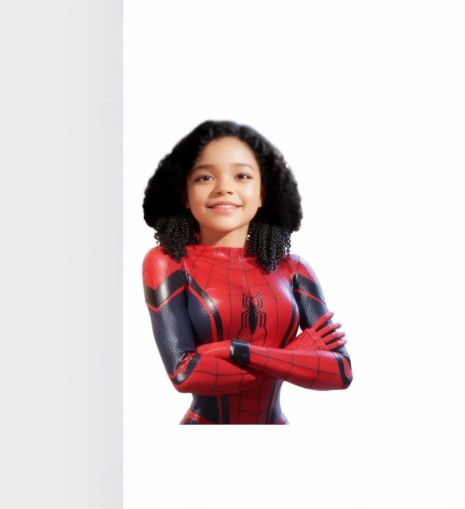 9 year old black girl with curly hair down to her shoulders, she is standing with her arms crossed in the spider woman outfit. she is happy. best image quality, 3d style.