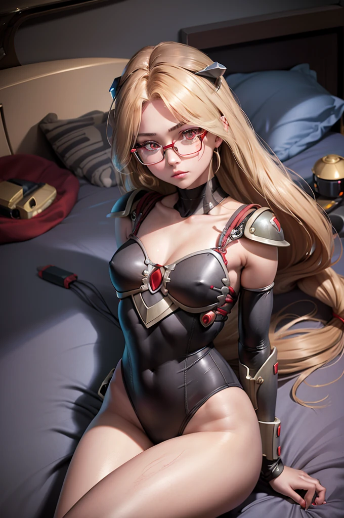 a girl is in robot costume and poses provocatively on bed, 1girl, solo, glasses, long hair, breasts, looking at viewer, bodysuit, small breasts, on bed, red eyes, lying, bangs, skin tight, indoors