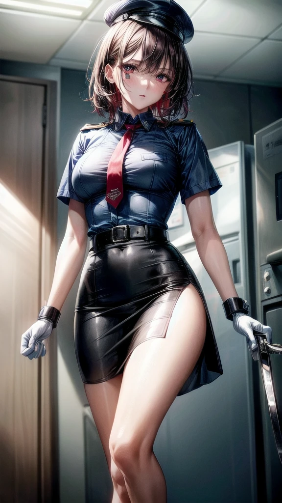 policewoman uniform, light blue short sleeved shirt, navy necktie, high waisted miniskirt, belt, white gloves, police hat, handcuffs, absurdres, RAW photo, extremely delicate and beautiful, masterpiece, Best Quality, ultra high resolution, 32k, hyperrealistic, ultra-detailed, detailed description, pale skin, 20 years old, tearful mole, earring, short medium hair, wavy hair, whole body shot, legs, Redhead, Red eyes, 