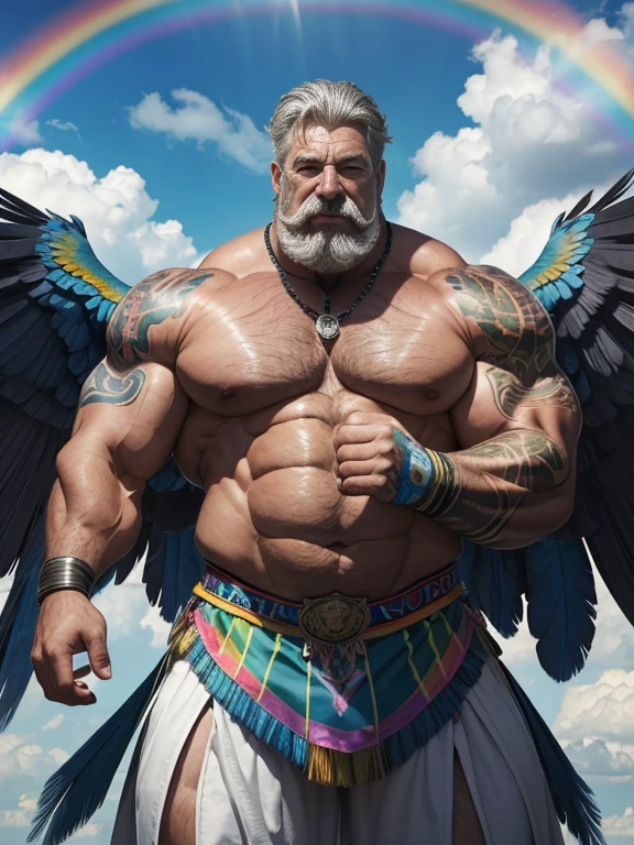 Hyper-realistic image of a macaw superhero with two huge symmetrical rainbow wings, very old and very sweaty gray-haired bodybuilder, more than 80 years, very muscular and fat, over 200 kilos, with bare torso, large and flaccid pectorals, brown nipples and big gray mustaches, with huge tattooed arms flying. in a blue sky with white clouds dressed in a rainbow feather skirt 