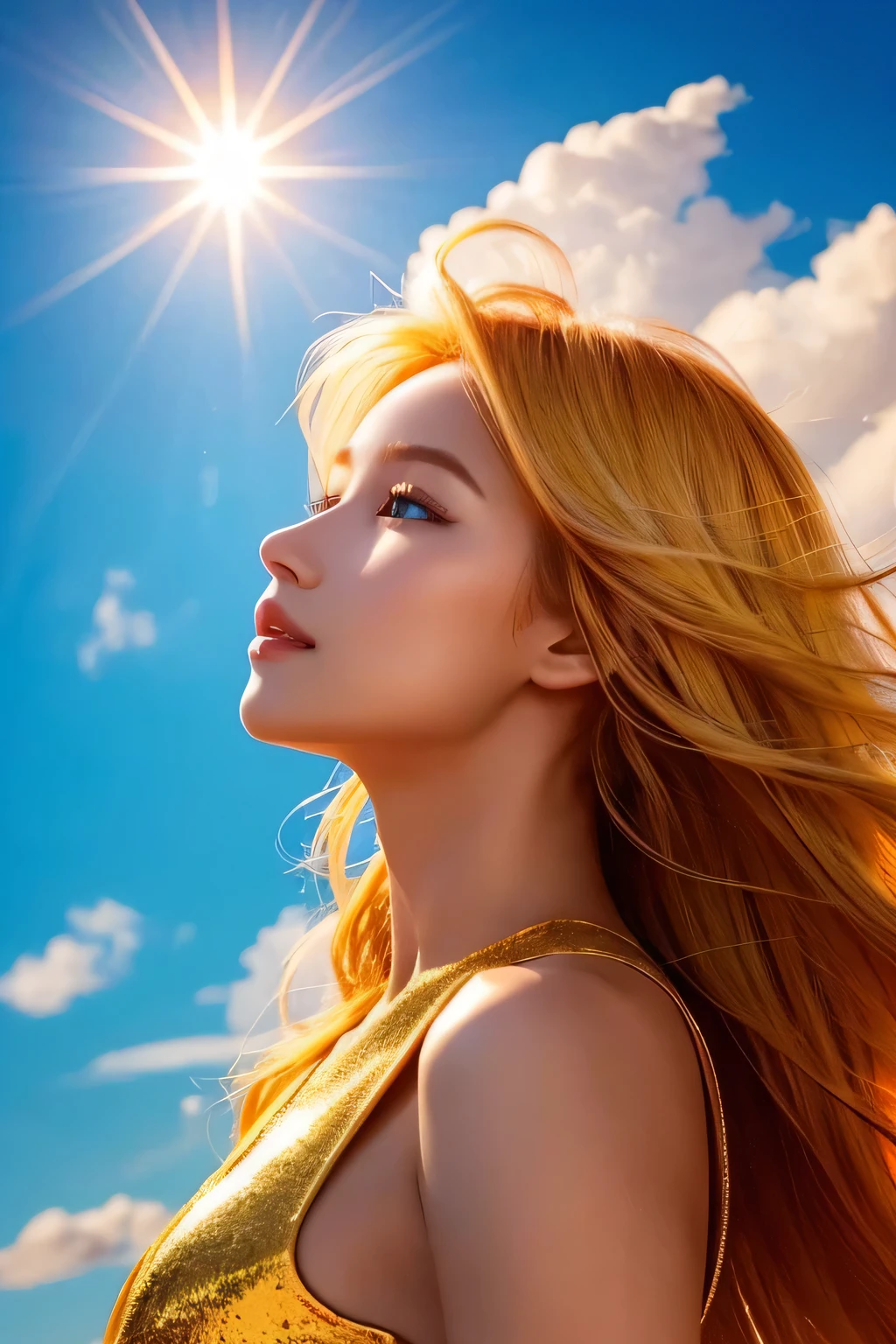 A sun goddess with golden hair and glowing skin、Wearing a fiery dress。Sparkling clouds and blue sky in the vast sky、Sunshine。
