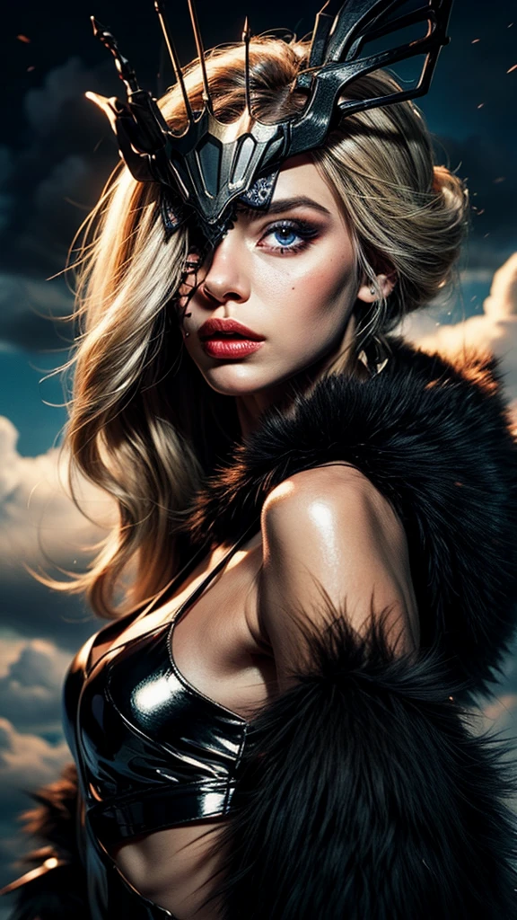 "((fantasy art)) featuring an alien girl, immersed in a heavenly symphony, clouds turn into bright splashes, flowers are scattered, like notes in the wind, visual orchestration of color and wonder" night , full moon1girl, solo, blonde hair, blue eyes, long hair, open mouth, mask, one eye covered, eye shadow, makeup, collarbone, black mask, looking at viewer, bare shoulders,upper body,realistic,(shiny skin), signora \(genshin impact\), black mask, eye mask, one eye covered, fur trim, mature female, gloves, fur-trimmed coat