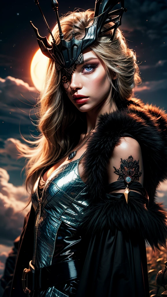 "((fantasy art)) featuring an alien girl, immersed in a heavenly symphony, clouds turn into bright splashes, flowers are scattered, like notes in the wind, visual orchestration of color and wonder" night , full moon1girl, solo, blonde hair, blue eyes, long hair, open mouth, mask, one eye covered, eye shadow, makeup, collarbone, black mask, looking at viewer, bare shoulders,upper body,realistic,(shiny skin), signora \(genshin impact\), black mask, eye mask, one eye covered, fur trim, mature female, gloves, fur-trimmed coat